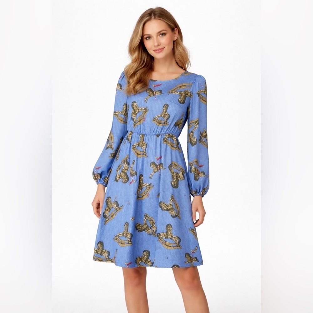 Il The' Delle 5 Carousel Horse Print Blue Midi Dress Long Sleeve Cottagecore